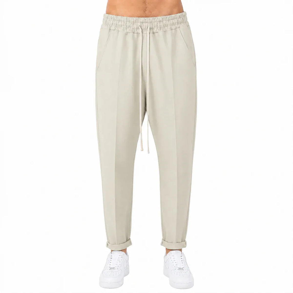 Pantaloni lungi slim crem pentru bărbați, vedere din față cu șnur ajustabil