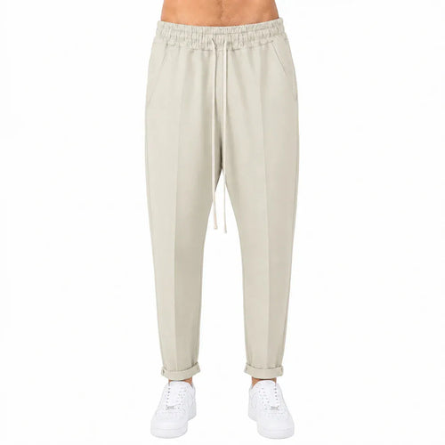 Pantaloni lungi slim crem pentru bărbați, vedere din față cu șnur ajustabil