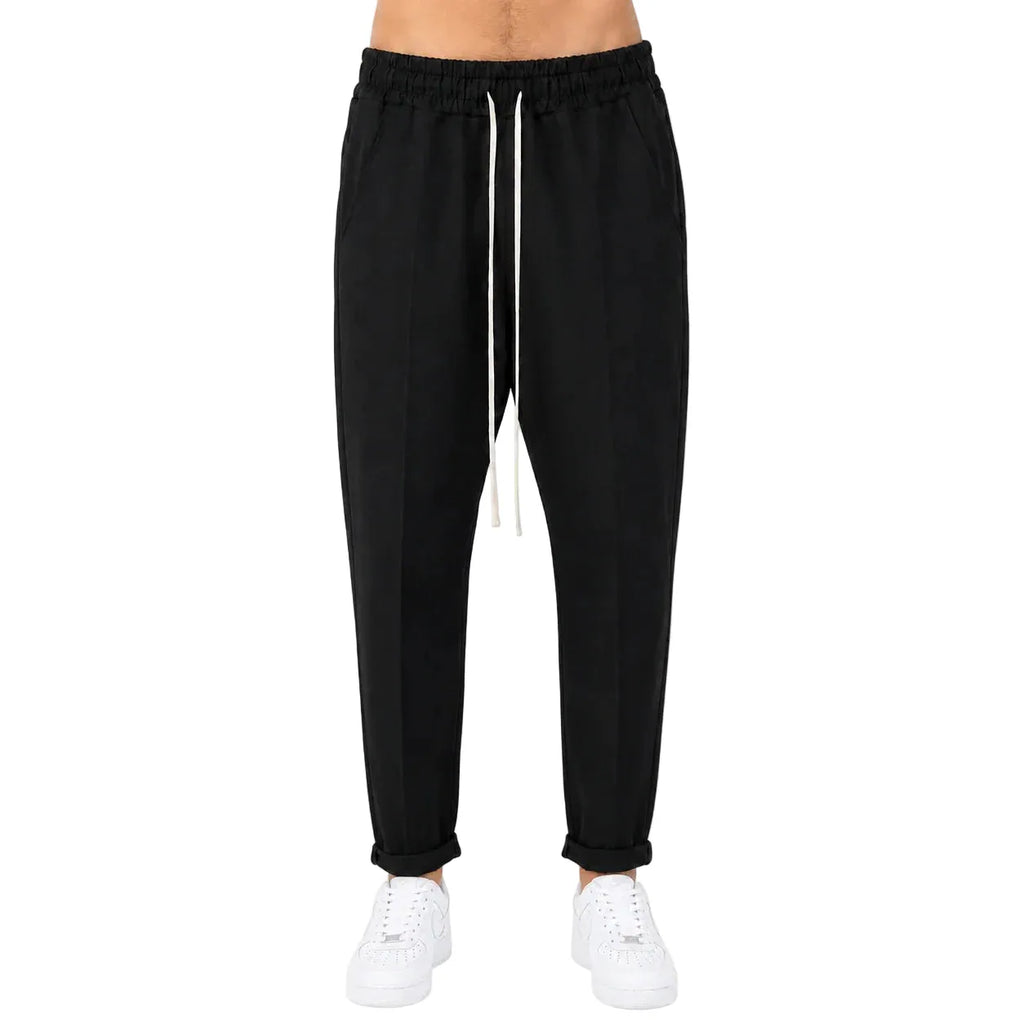 Pantaloni lungi slim negri pentru bărbați, model casual cu șnur, vedere din față