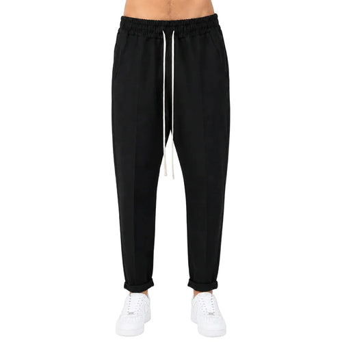 Pantaloni lungi slim negri pentru bărbați, model casual cu șnur, vedere din față