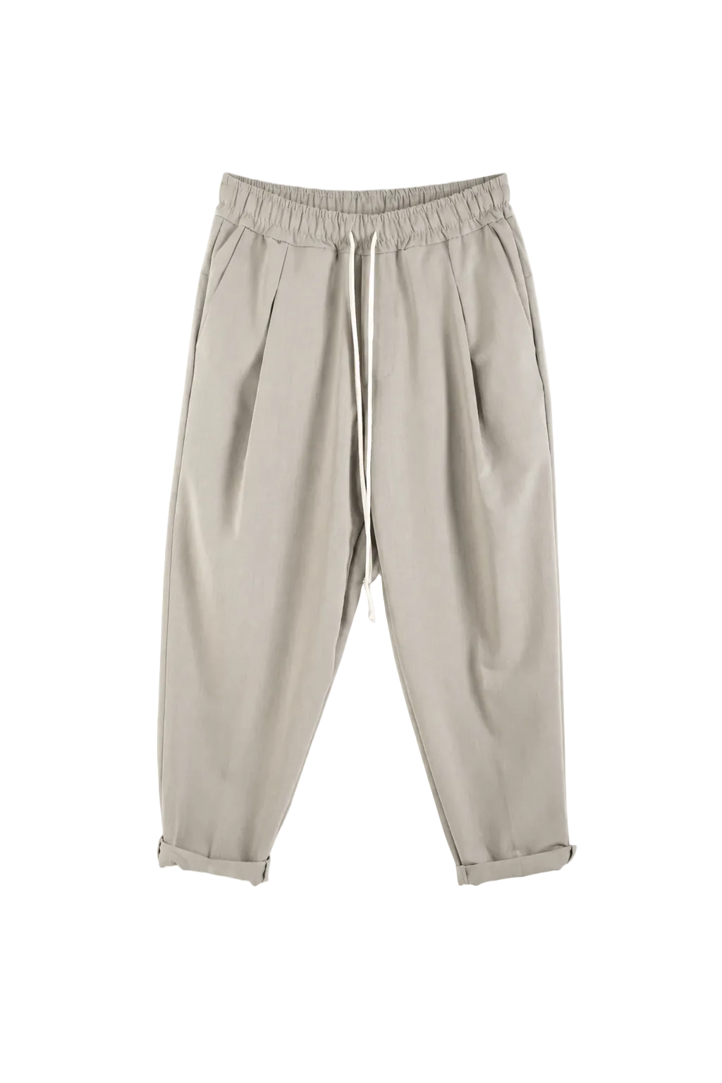 Pantaloni crem slim cu șiret lung și talie elastică, perfecți pentru outfituri casual moderne și confortabile.