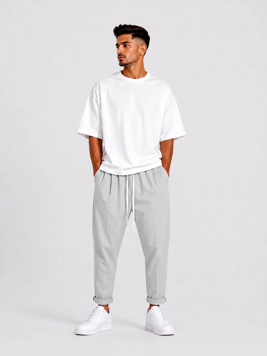 Model masculin cu pantaloni casual gri și șnur lung pentru un look urban minimalist.