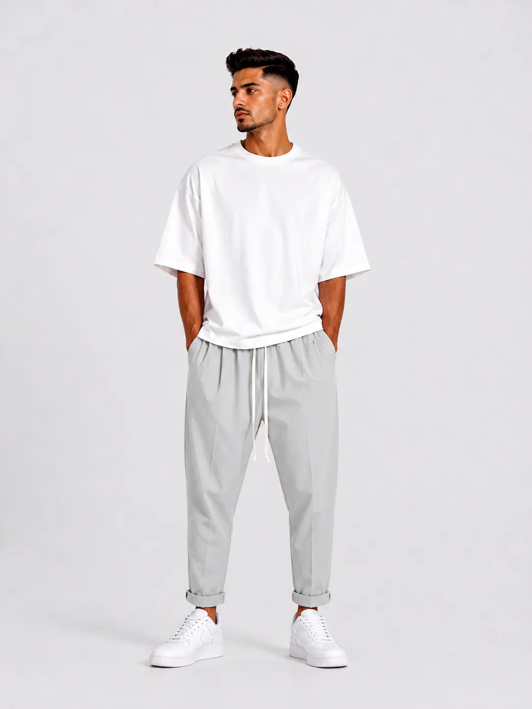 Model masculin cu pantaloni casual gri și șnur lung pentru un look urban minimalist.