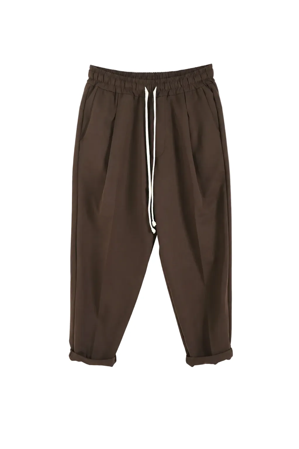 Pantaloni maro slim cu șiret lung și talie elastică, perfecți pentru outfituri casual moderne și confortabile