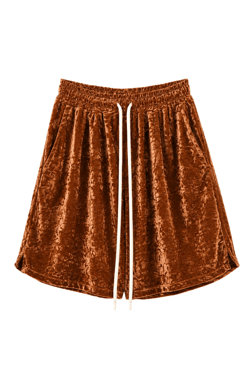 Pantaloni scurți maro din catifea cu croială oversized și șnur alb reglabil