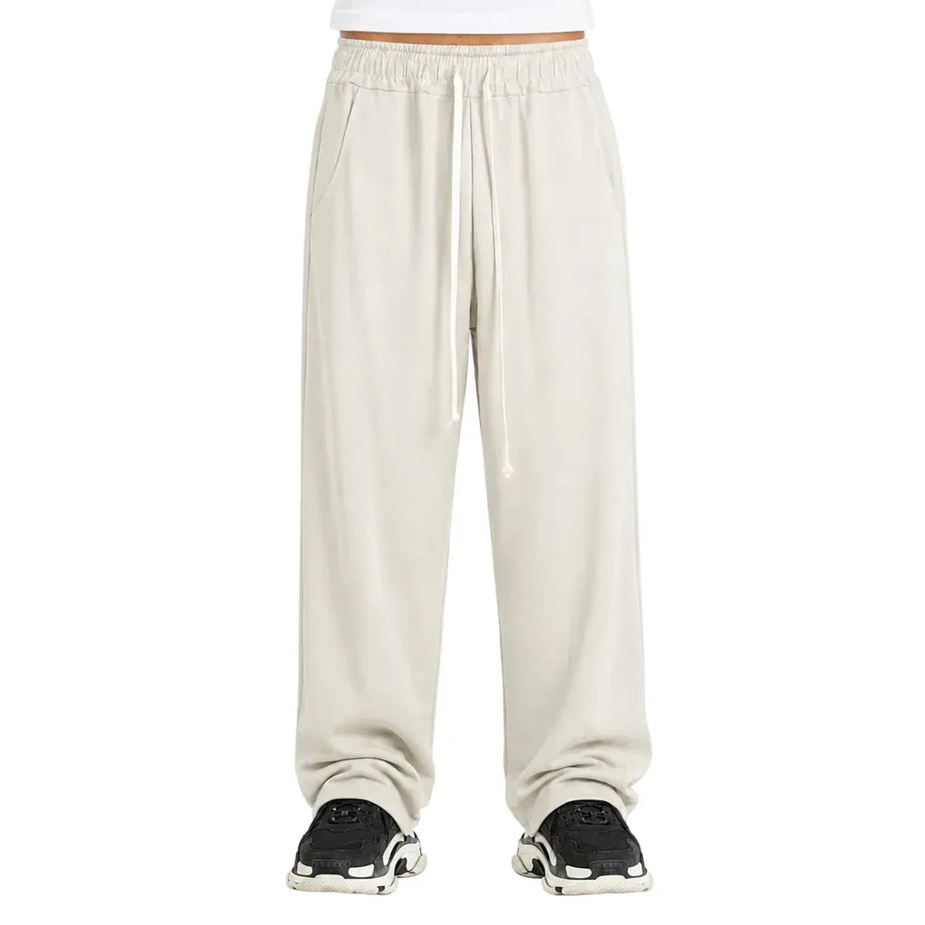 Pantaloni lungi wide leg bej pentru bărbați, purtați din față cu șnur ajustabil