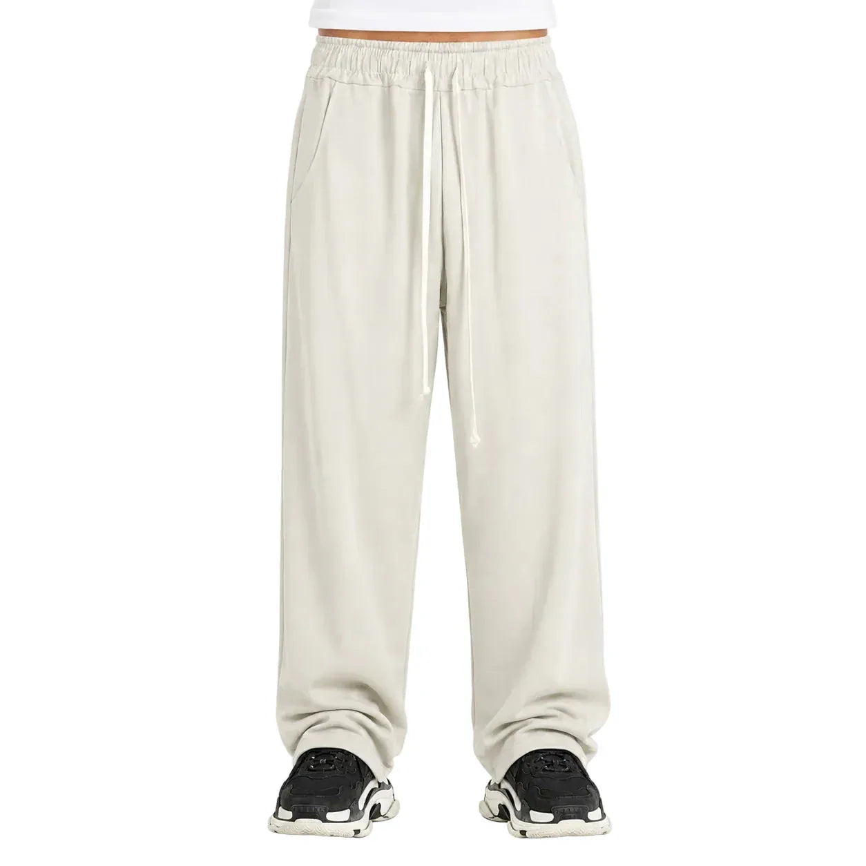 Pantaloni lungi wide leg bej pentru bărbați, purtați din față cu șnur ajustabil