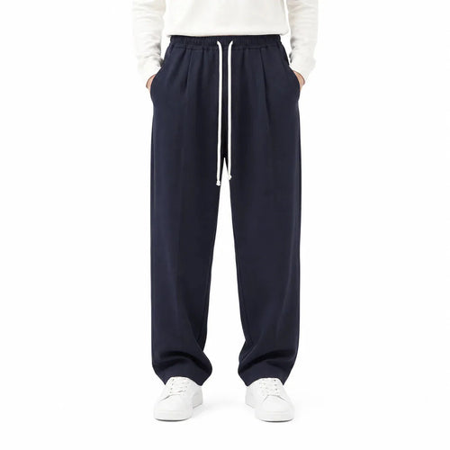 Pantaloni lungi bleumarin pentru bărbați, croială largă, vedere din față cu șnur lung