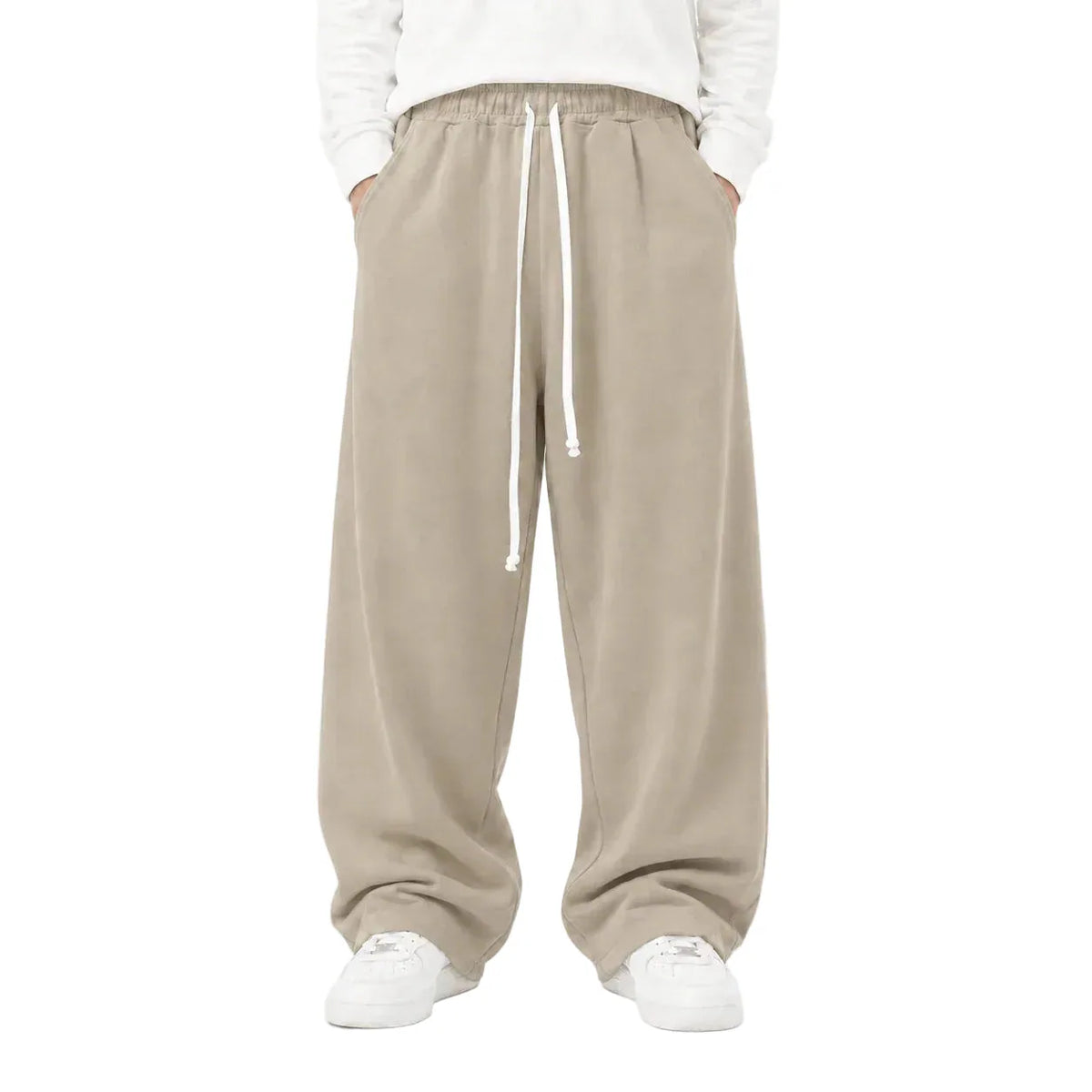 Pantaloni lungi camel pentru bărbați, croială largă, vedere frontală cu șnur lung