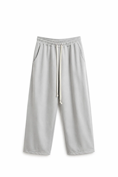 Pantaloni wide leg gri oversized pentru bărbați cu șnur lung alb, fit larg streetwear premium, stil minimalist luxury