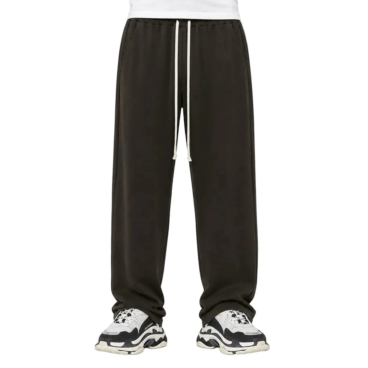 Pantaloni lungi wide leg maro pentru bărbați, purtați din față cu șnur alb