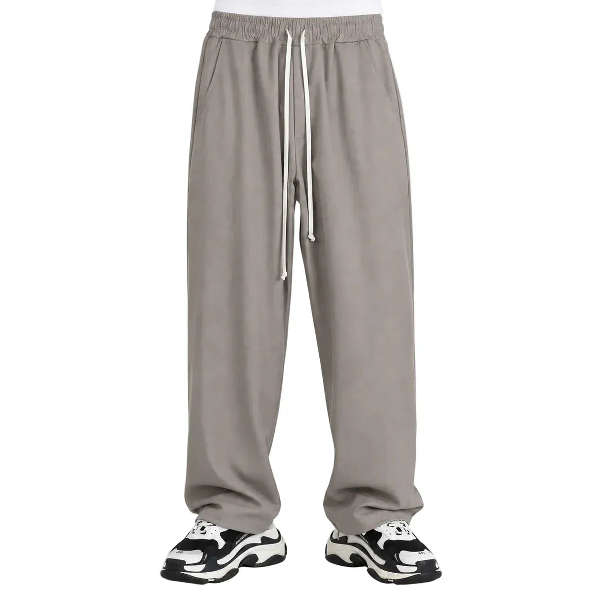 Pantaloni lungi wide leg maro deschis pentru bărbați, purtați din față cu șnur lung