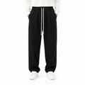 Pantaloni lungi negri pentru bărbați, croială largă, vedere frontală cu șnur ajustabil