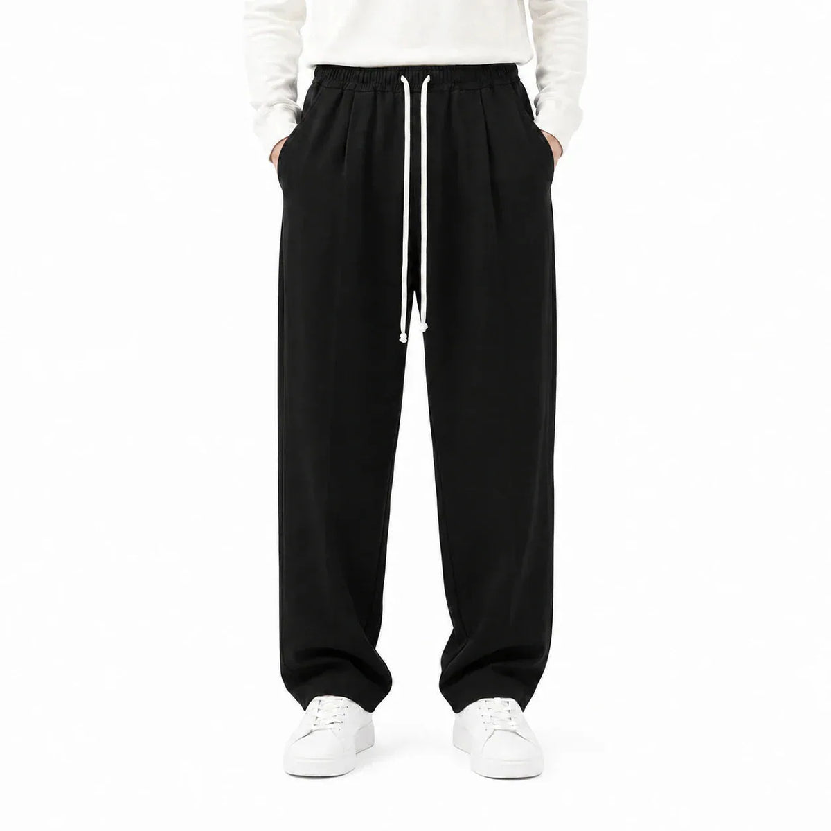 Pantaloni lungi negri pentru bărbați, croială largă, vedere frontală cu șnur ajustabil