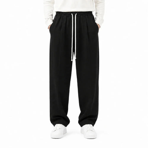 Pantaloni lungi negri pentru bărbați, croială largă, vedere frontală cu șnur ajustabil