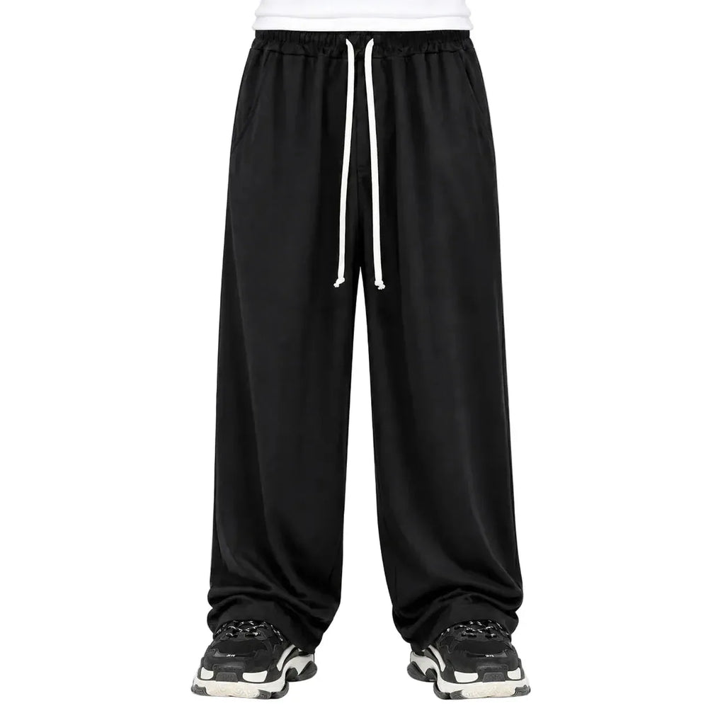 Pantaloni lungi wide leg negri pentru bărbați, purtați din față cu șnur alb