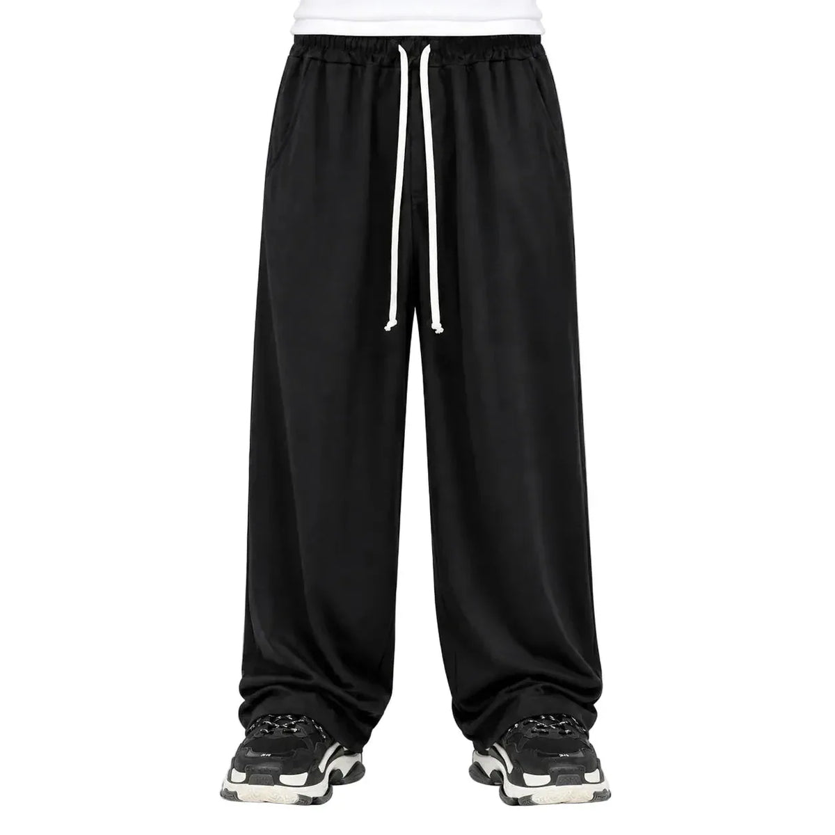 Pantaloni lungi wide leg negri pentru bărbați, purtați din față cu șnur alb