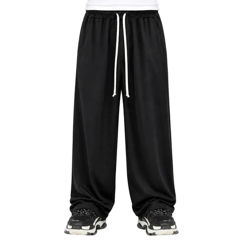 Pantaloni lungi wide leg negri pentru bărbați, purtați din față cu șnur alb