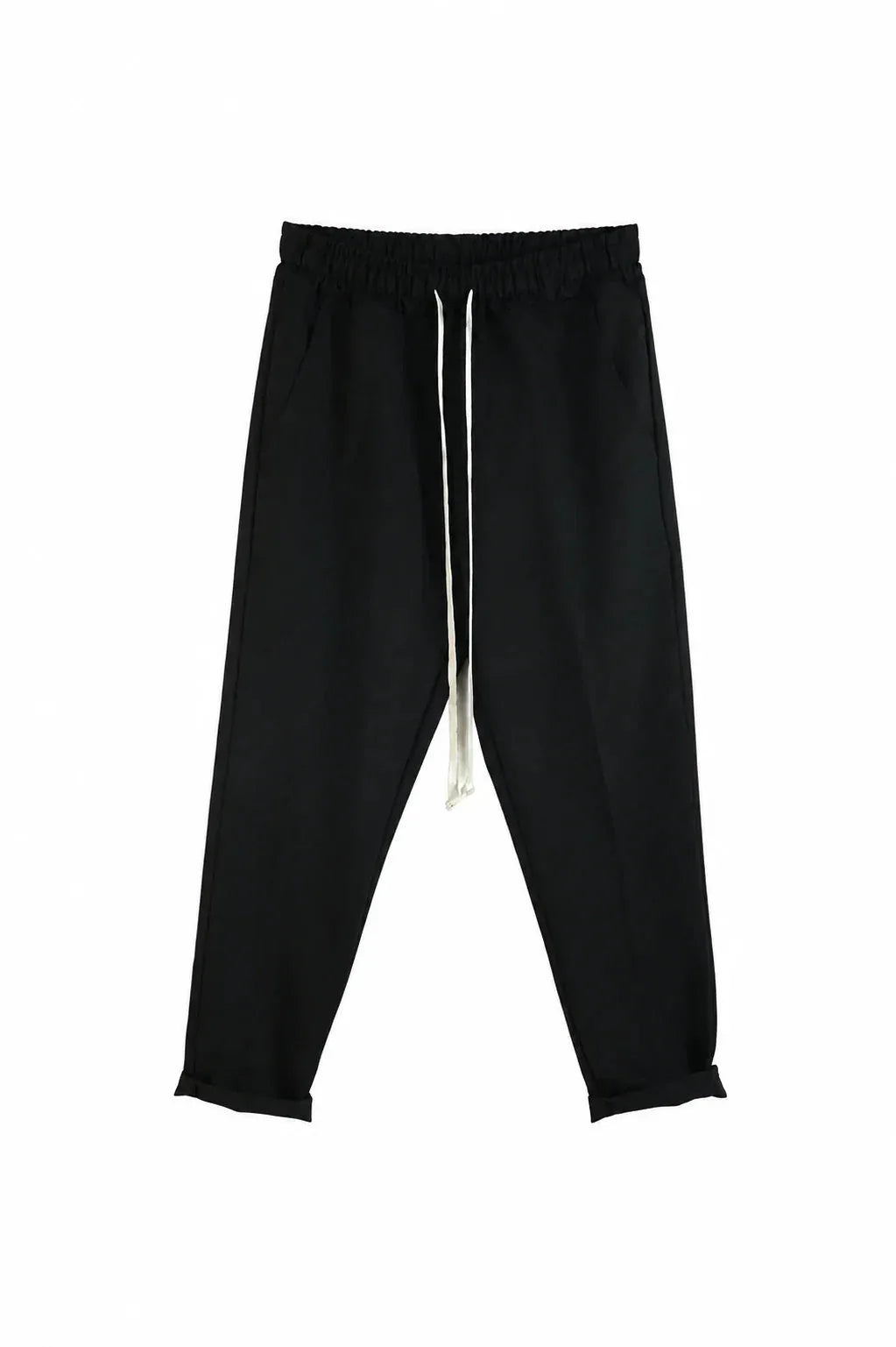 Detaliu pantaloni slim negri pentru bărbați, cu talie elastică și șnur lung