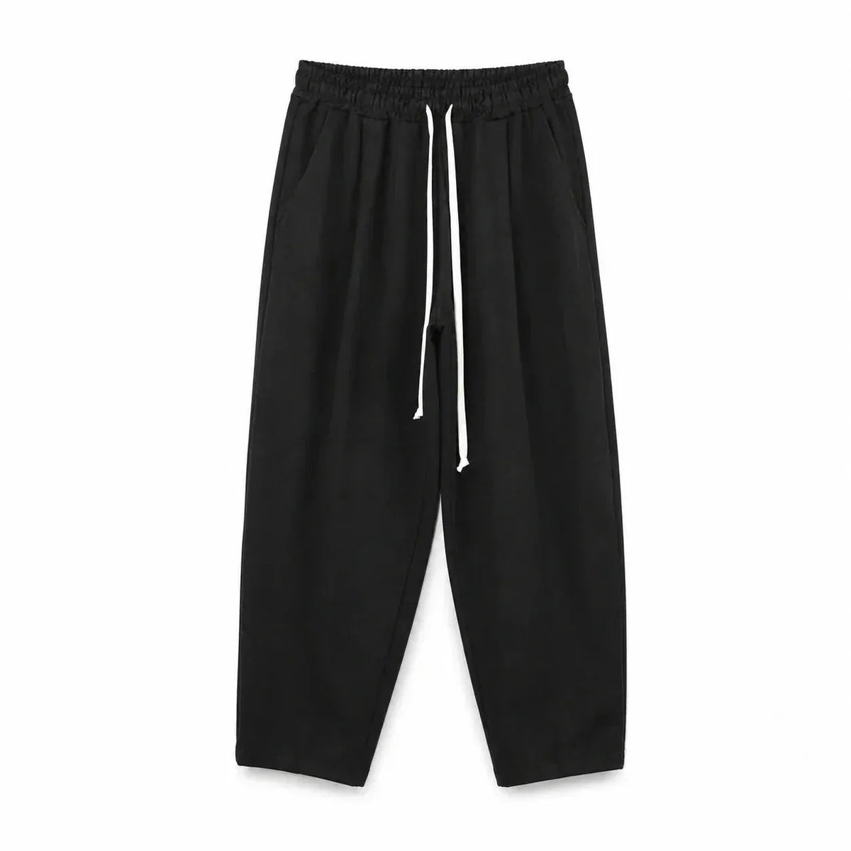 Pantaloni lungi negri pentru bărbați, vedere frontală cu șnur lung și croială lejeră