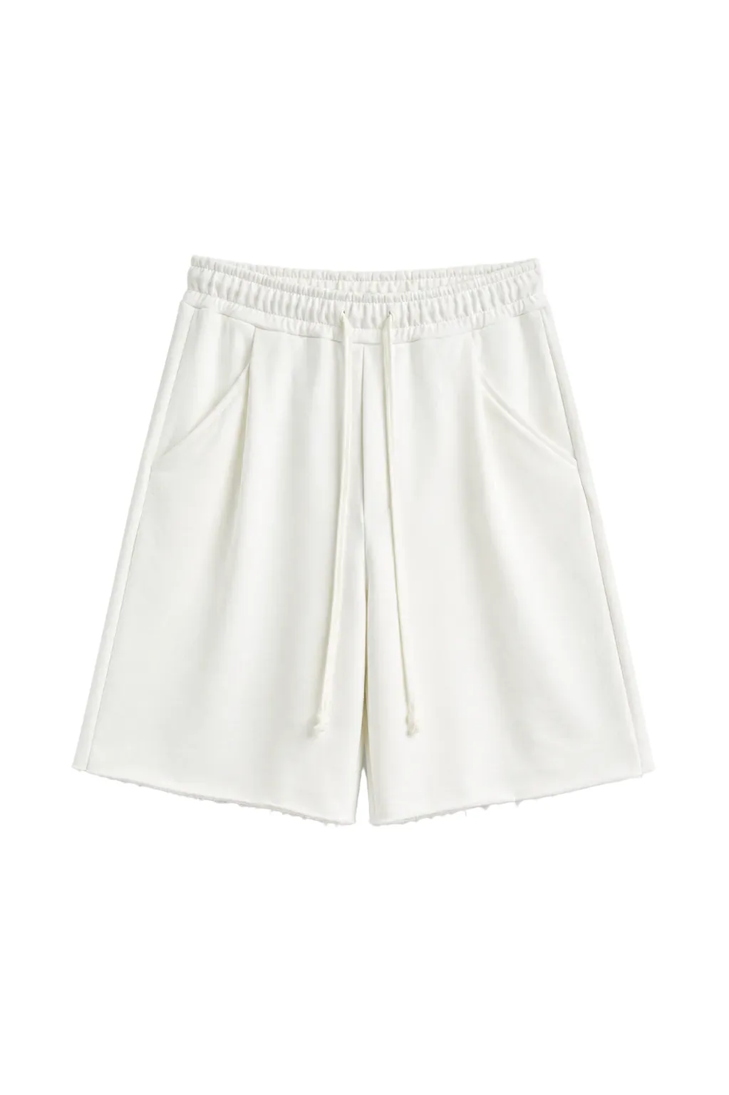 Pantaloni albi oversized cu șnur lung în talie, având o cusătură decorativă frontală pe centrul piciorului, confecționați din
