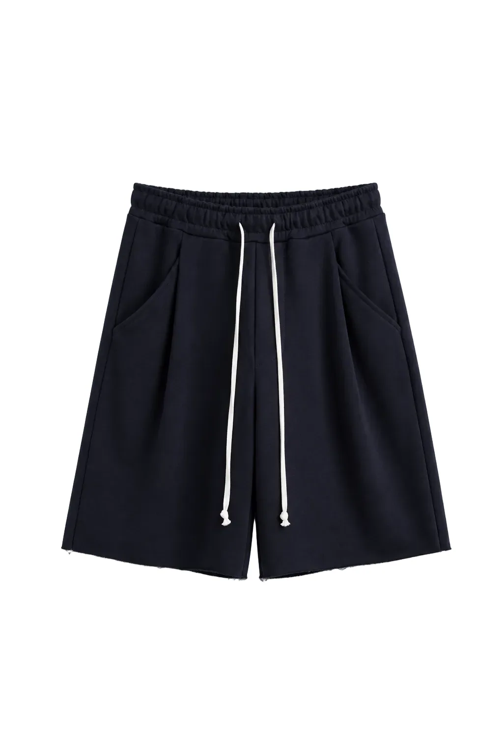 Pantaloni bleumarin oversized cu șnur lung în talie, având o cusătură decorativă frontală pe centrul piciorului, confecționaț