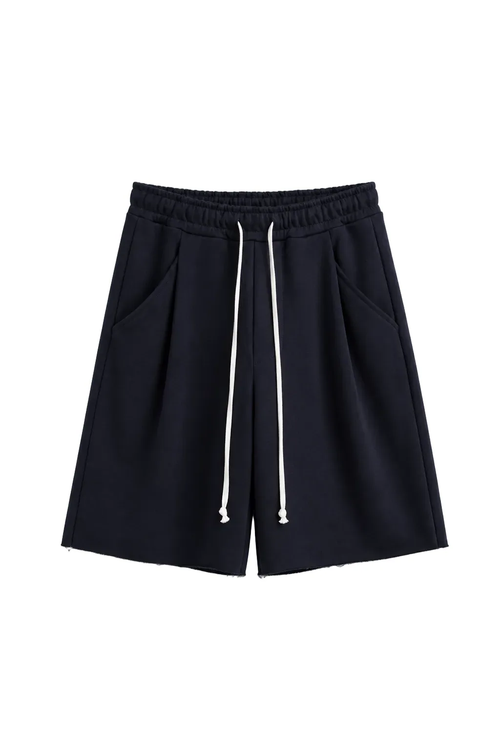 Pantaloni bleumarin oversized cu șnur lung în talie, având o cusătură decorativă frontală pe centrul piciorului, confecționaț
