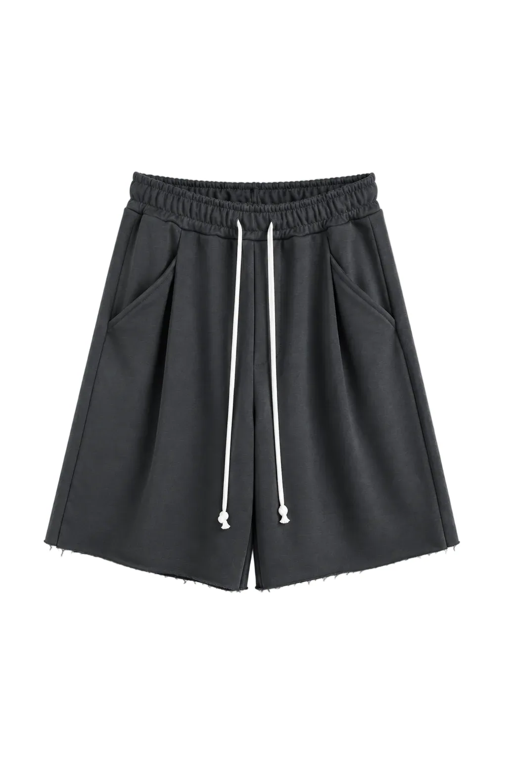 Pantaloni gri închis oversized cu șnur lung în talie, având o cusătură decorativă frontală pe centrul piciorului, confecționa