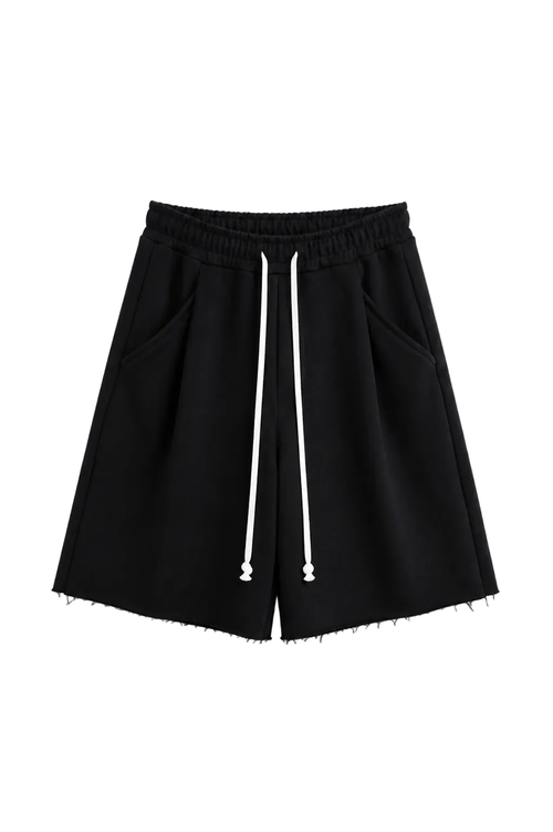 Pantaloni negri oversized cu șnur lung în talie, având o cusătură decorativă frontală pe centrul piciorului, confecționați di