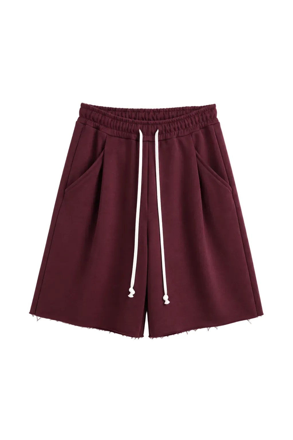 Pantaloni burgundy oversized cu șnur lung în talie, având o cusătură decorativă frontală pe centrul piciorului, confecționați