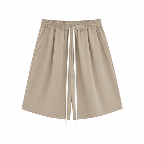 Pantaloni scurți bej subțiri de vară, cu șnur lung în talie, confecționați din material premium, vedere frontală.