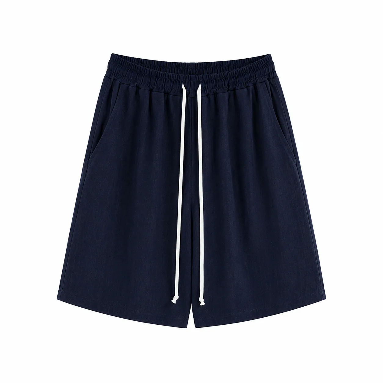 Pantaloni bleumarin cu șnur lung în talie, confecționați din amestec de vâscoză și in, vedere frontală pentru ținute de vară.