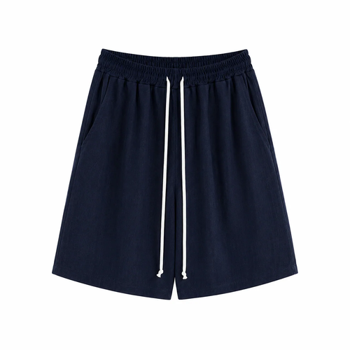 Pantaloni bleumarin cu șnur lung în talie, confecționați din amestec de vâscoză și in, vedere frontală pentru ținute de vară.