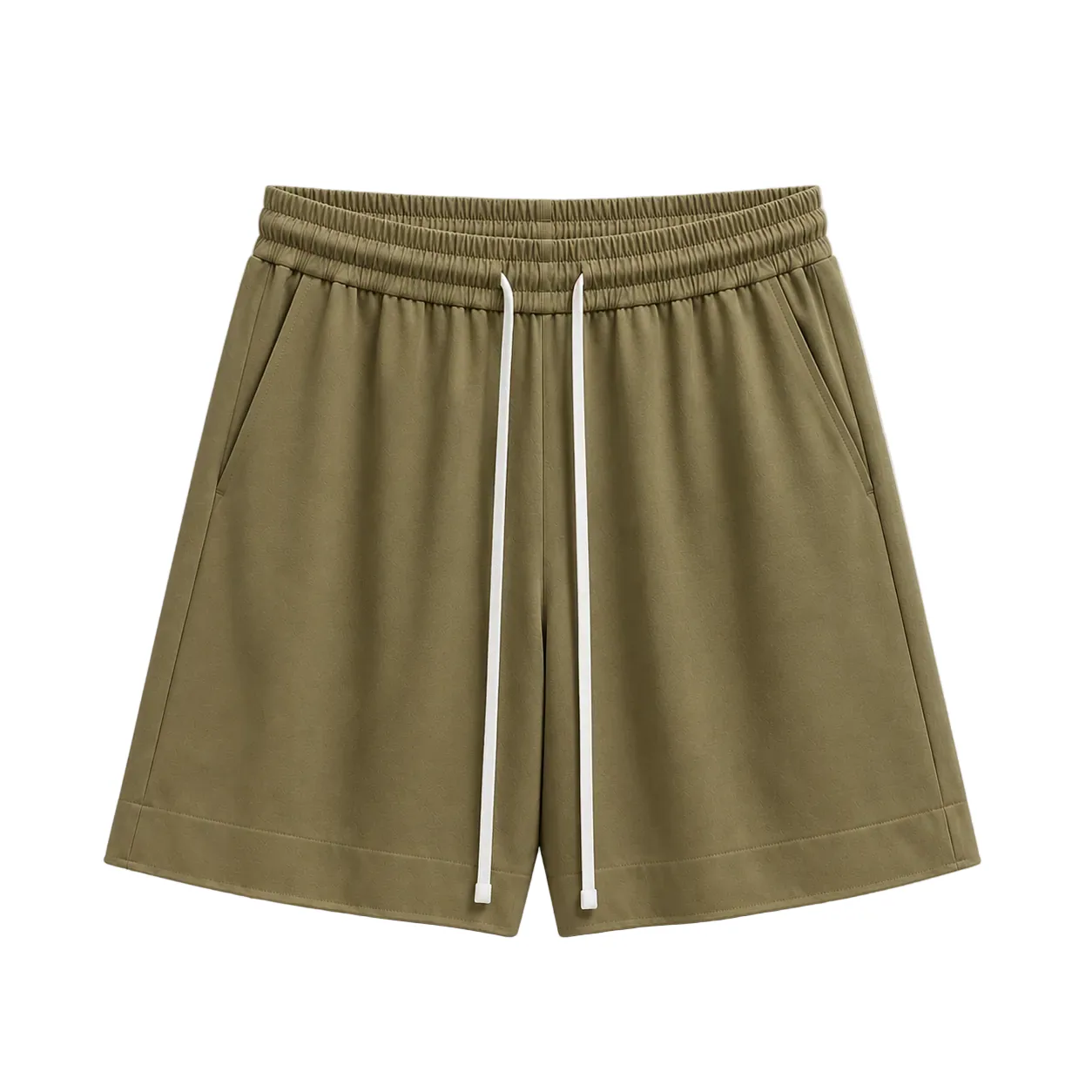 Pantaloni scurți khaki confecționați din bumbac, cu șiret lung în talie, vedere frontală pentru ținute de vară.