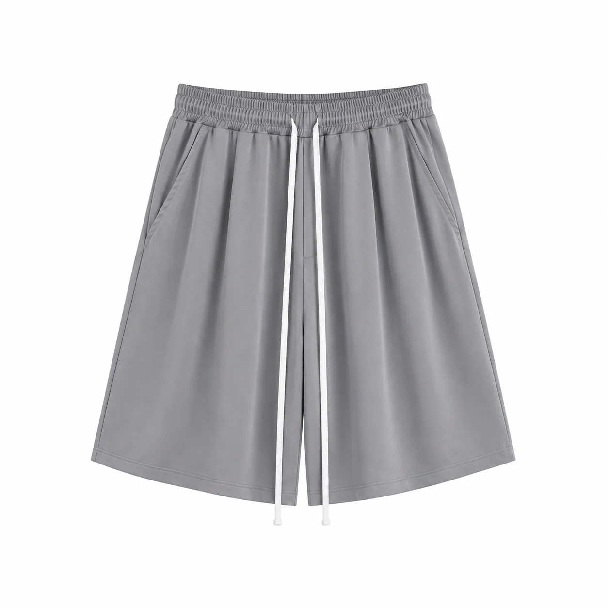Pantaloni scurți gri închis subțiri de vară, cu șnur lung în talie, confecționați din material premium, vedere frontală.