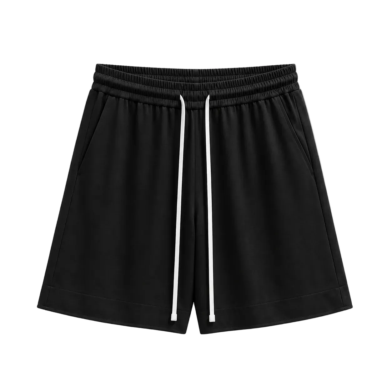 Pantaloni scurți negri confecționați din bumbac, cu șiret lung în talie, vedere frontală pentru ținute de vară.