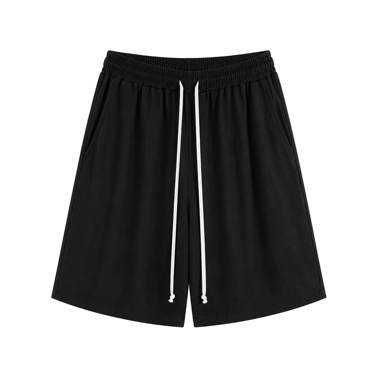 Pantaloni negri cu șnur lung în talie, confecționați din amestec de vâscoză și in, vedere frontală pentru ținute de vară.