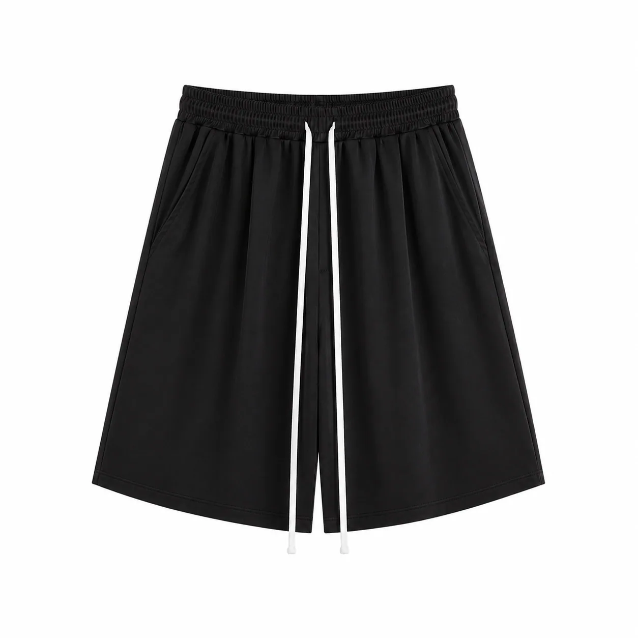 Pantaloni scurți negri subțiri de vară, cu șnur lung în talie, confecționați din material premium, vedere frontală.