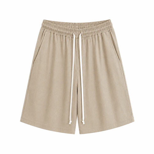 Pantaloni camel cu șnur lung în talie, confecționați din amestec de vâscoză și in, vedere frontală pentru ținute de vară.