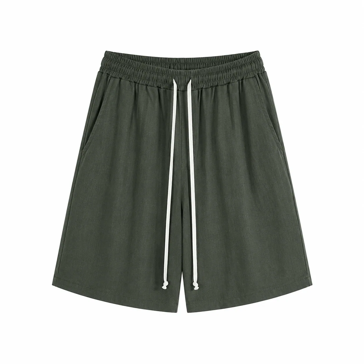 Pantaloni verde militar cu șnur lung în talie, confecționați din amestec de vâscoză și in, vedere frontală pentru ținute de v