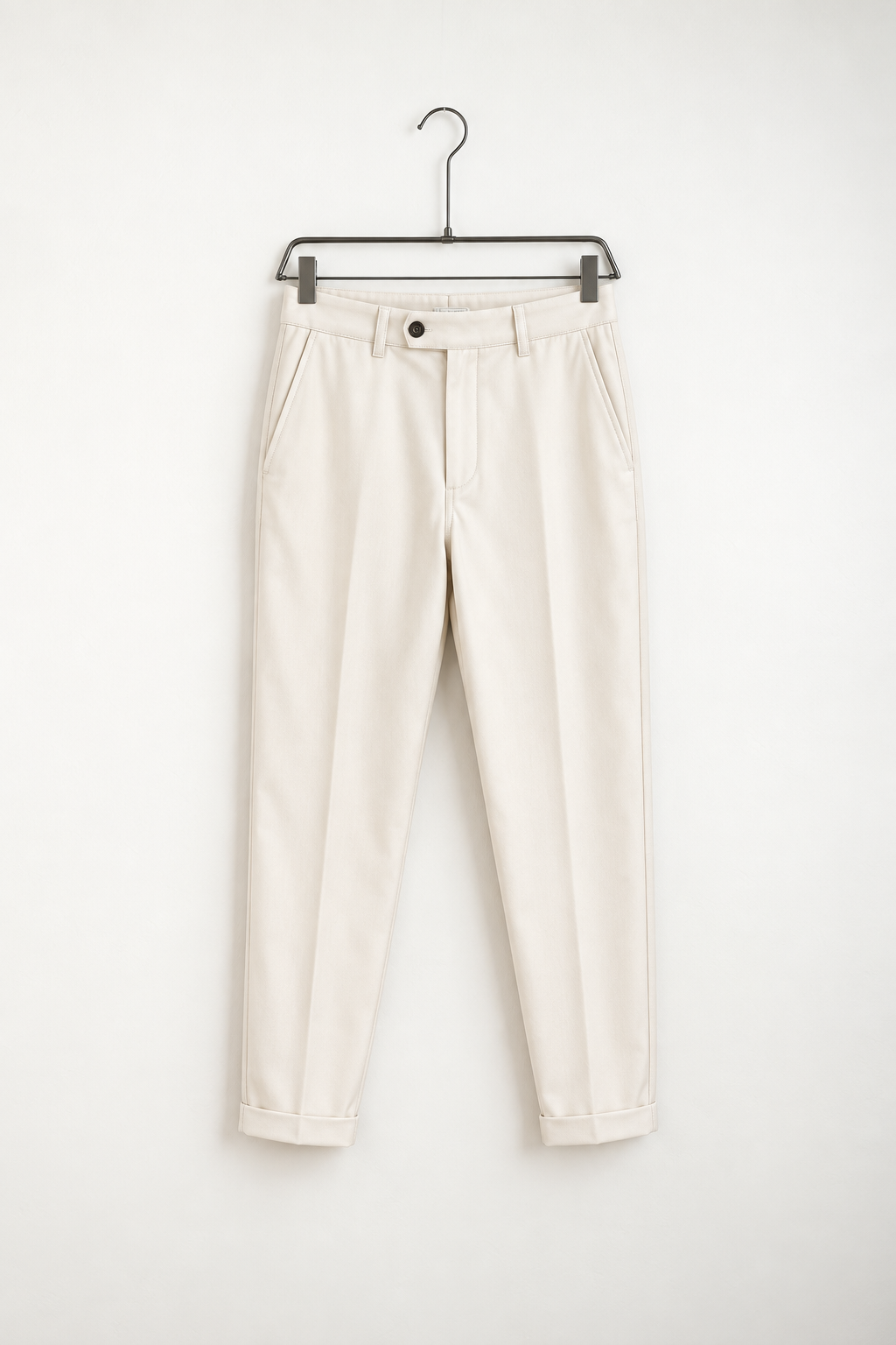Pantaloni Eleganți Slim Bărbați Crem Piersică Fără Șnur – fotografie produs pe umeraș
