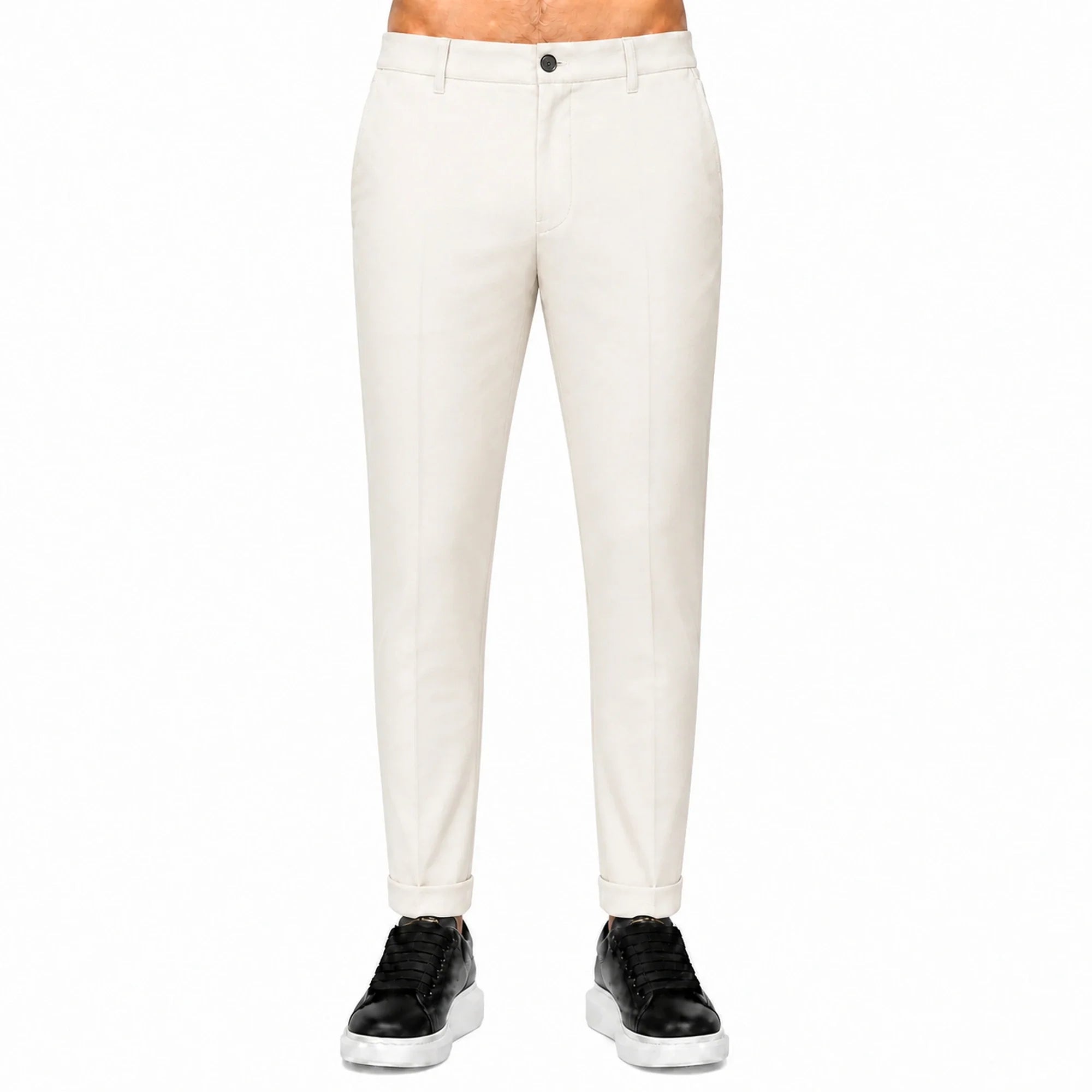 Pantaloni eleganți slim bărbați crem piersică, purtați de model, vedere frontală