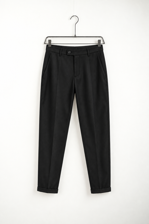 Pantaloni Eleganți Slim Bărbați Negri Fără Șnur – fotografie produs pe umeraș
