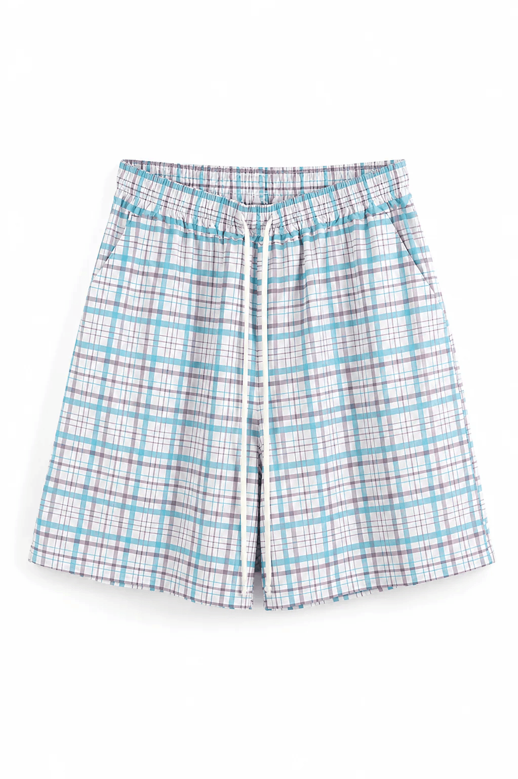 Pantaloni streetwear lejeri din 100% poliester, cu un imprimeu geometric dens format din pătrățele albastre și linii gri.