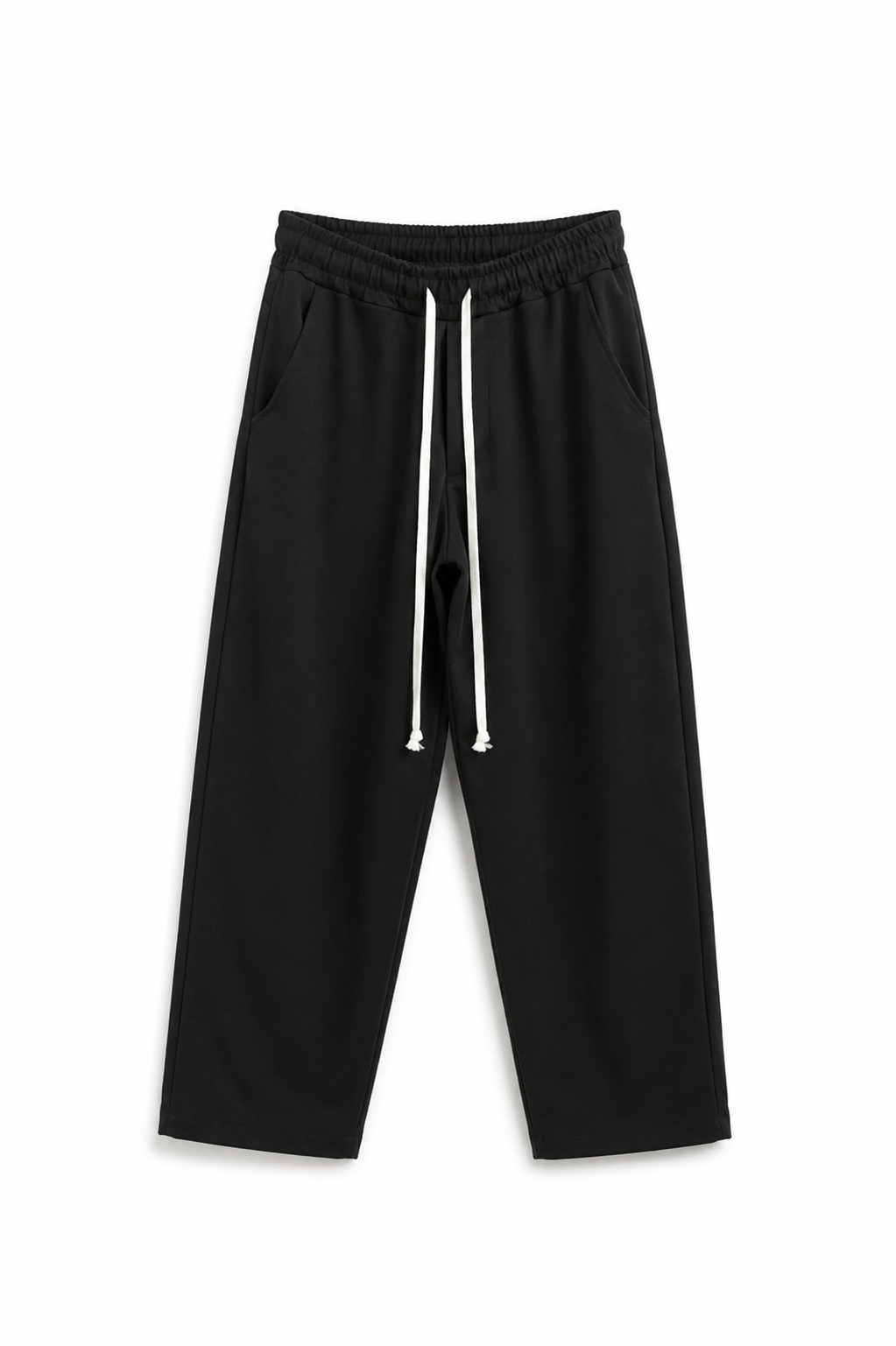 Pantaloni gri wide leg oversized cu șnur lung alb, fit baggy premium streetwear, material heavyweight și design minimalist luxury.