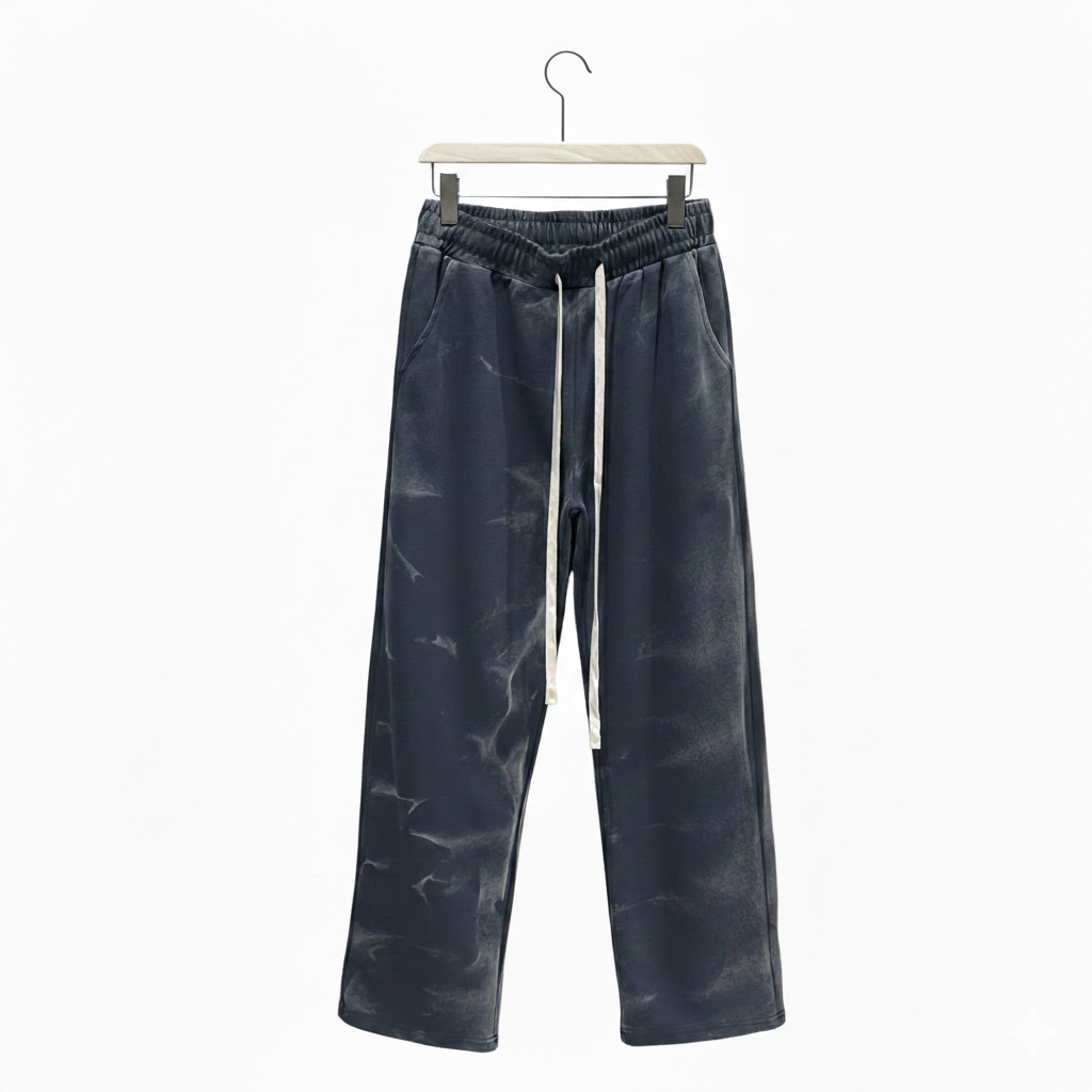 Pantaloni largi din bumbac pentru bărbați, culoare gri-bleumarin cu aspect șters, prevăzuți cu șiret lung