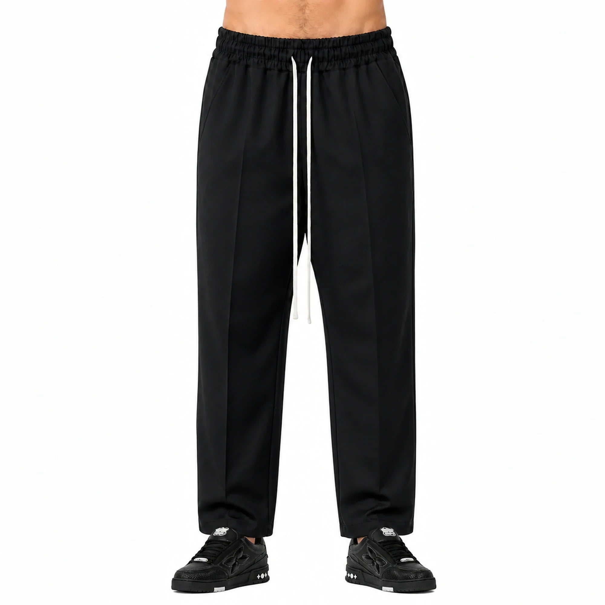 Pantaloni cu croială largă bărbați negri, purtați de model, vedere frontală