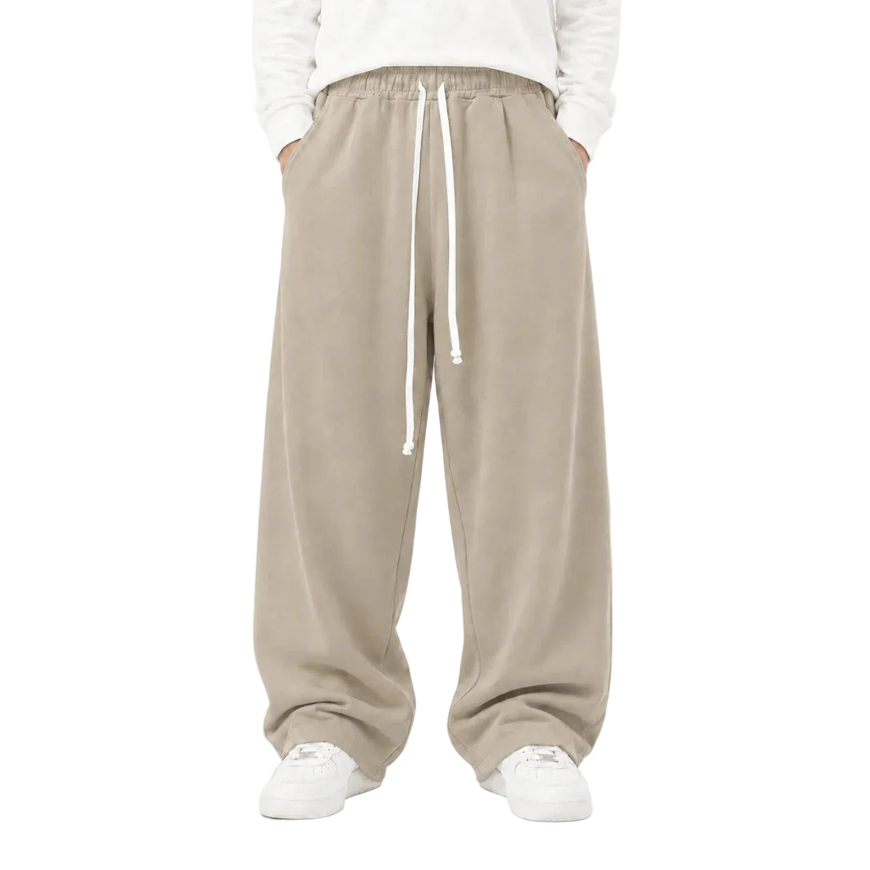 Pantaloni lungi camel pentru bărbați, croială largă, vedere frontală cu șnur lung