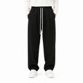 Pantaloni lungi negri pentru bărbați, croială largă, vedere frontală cu șnur ajustabil