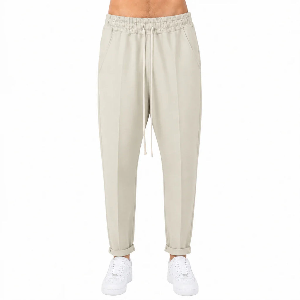 Pantaloni lungi slim crem pentru bărbați, vedere din față cu șnur ajustabil
